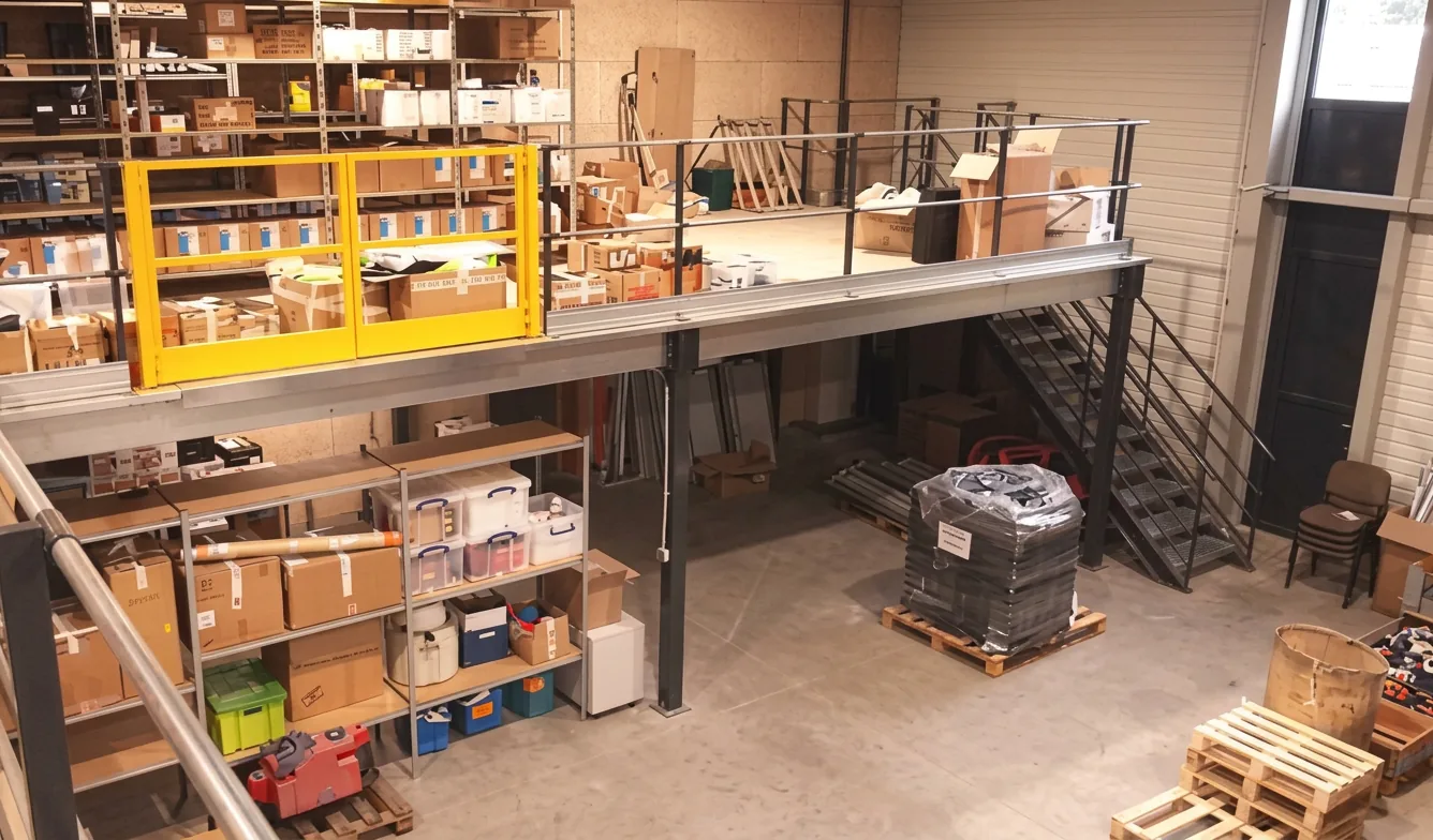 Stocked mezzanine floor with a yellow pallet gate, shelving and access stairs
