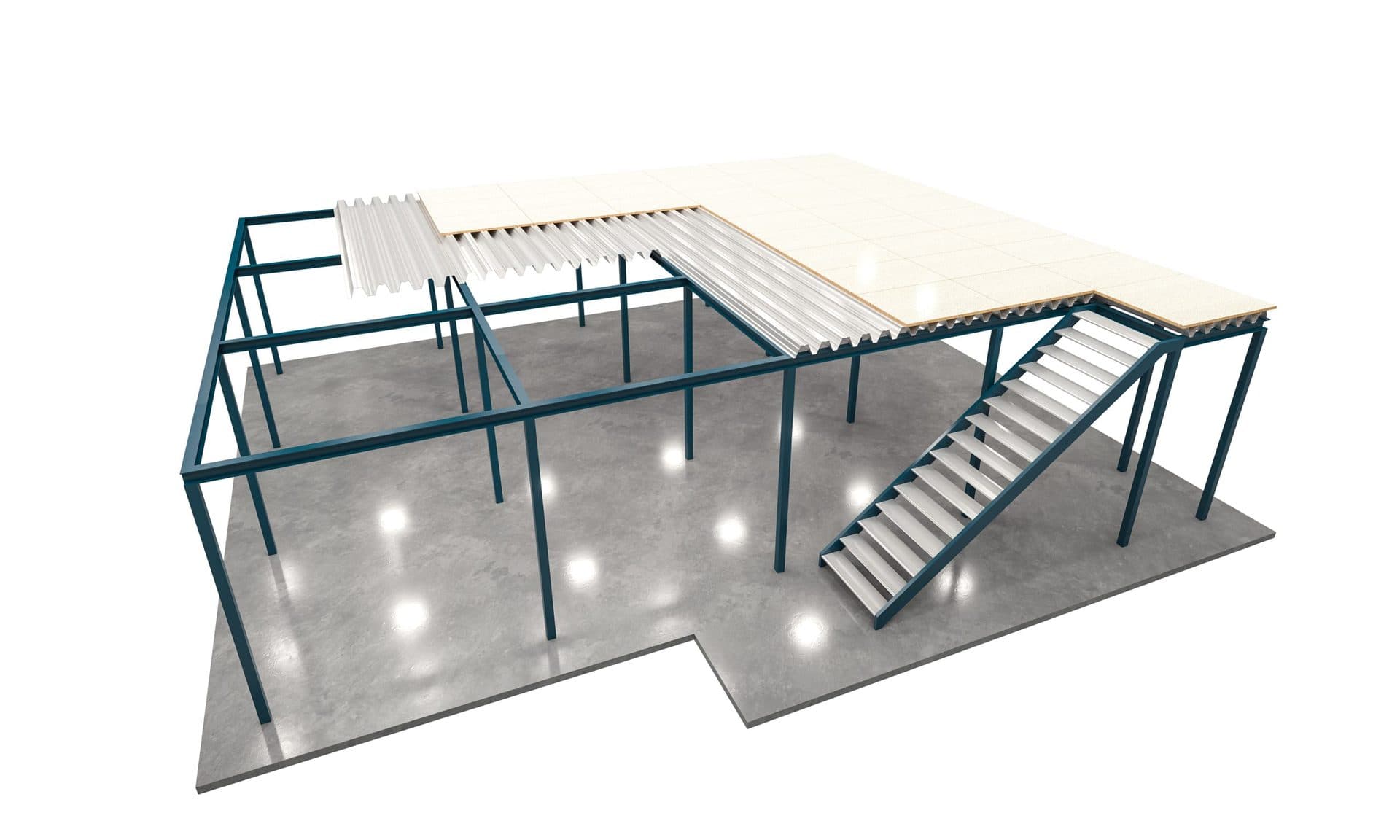 Render of a custom Altivo steel mezzanine floor with staircase