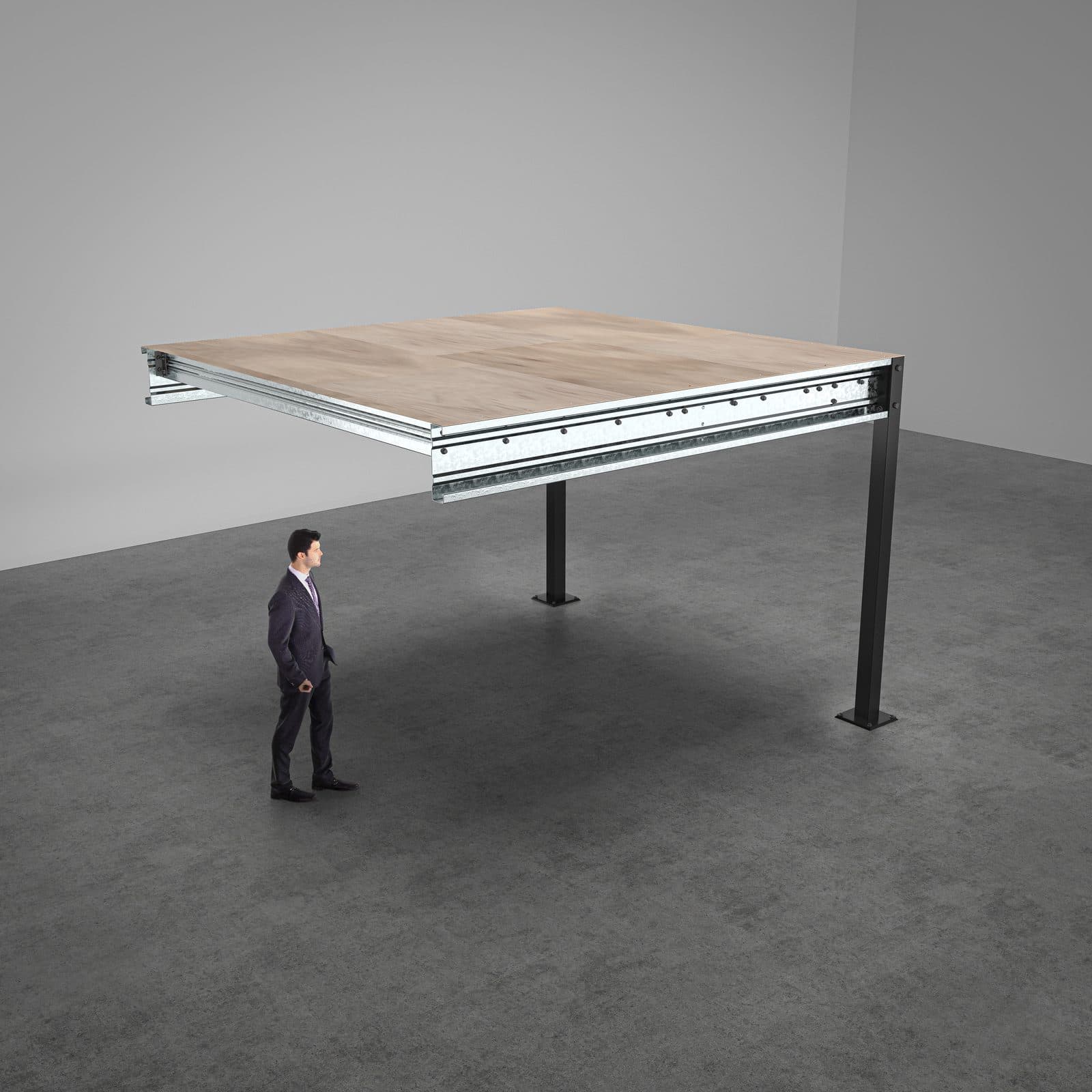 Render of a 2-post straight extension bay that bolts to an existing kitset module